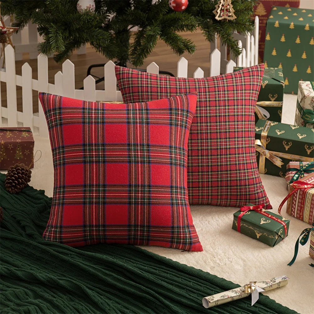 45x45cm Square Pillow Cases Christmas Scottish Tartan Plaid Cushion Covers Bed Sofa Pad Party Decor Snowflake Throw Pillow Cover