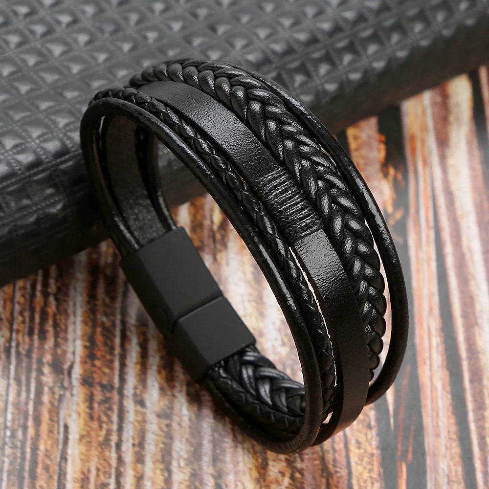 1 European and American Retro MEN'S Magnetic Buckle Bracelet, PU Alloy Woven Leather Bracelet, Couple Bracelet Trend-805087