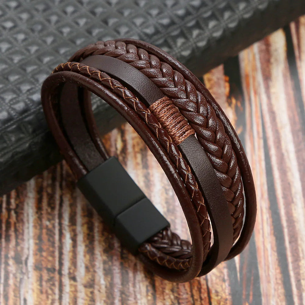 1 European and American Retro MEN'S Magnetic Buckle Bracelet, PU Alloy Woven Leather Bracelet, Couple Bracelet Trend-805087